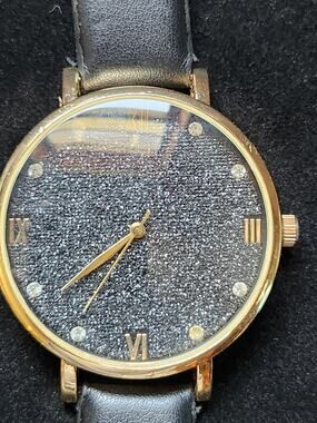 Ashley Princess Gold Tone Watch Black Glitter Dial Roman Numerals Leather